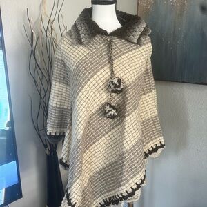 Cozy Plaid Poncho with Pom Poms